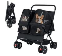 COSTWAY Double Pet Stroller, Foldable Dog Travel Pushchair Cat Buggy with 2 Carriers, Adjustable Sunshade, Removable Pad, Storage Basket, 4-Wheel Pet Travel Cart (Black)