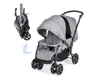 COSTWAY Double Pushchair, Foldable Twin Tandem Stroller with Adjustable Backrest, Push Handle & Footrest, 5 Points Safety Belts, Sunshade & Storage Basket, for from Birth to 15kg (Grey)