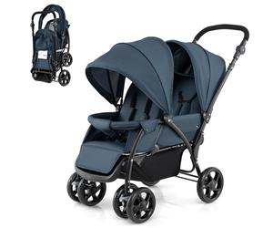 COSTWAY Double Pushchair, Foldable Twin Tandem Stroller with Adjustable Backrest, Push Handle & Footrest, 5 Points Safety Belts, Sunshade, Storage Basket, for from Birth to 15kg (Navy)