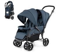 COSTWAY Double Seat Pushchair, Foldable Twin Tandem Stroller with Adjustable Backrest, Push Handle & Footrest, 5 Points Safety Belts, Sunshade, Storage Basket, for from Birth to 15kg (Navy)