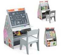 Costway Double-Sided Art Easel Play Station Table Chair Set w/Fabric Bin Bookshelf in Grey COSTWAY Grey