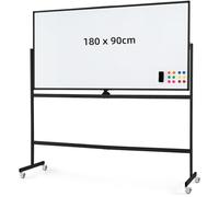 COSTWAY Double Sided Magnetic Whiteboard, Mobile Reversible Dry Erase Board with Black Markers, Eraser, Magnets & Marker Tray, Height Adjustable Standing White Board (Black, 180 x 90cm)