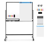 COSTWAY Double Sided Magnetic Whiteboard, Mobile Reversible Dry Erase Board with Black Markers, Eraser, Magnets & Marker Tray, Height Adjustable Standing White Board (120 x 80cm, Black)