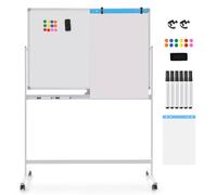COSTWAY Double Sided Magnetic Whiteboard, Mobile Reversible Dry Erase Board with Black Markers, Eraser, Magnets & Marker Tray, Height Adjustable Standing White Board (120 x 80cm, White)