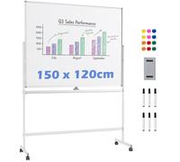 COSTWAY Double Sided Magnetic Whiteboard, Mobile Reversible Dry Erase Board with Black Markers, Eraser, Magnets & Marker Tray, Height Adjustable Standing White Board (White, 150 x 120cm)