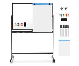 COSTWAY Double Sided Magnetic Whiteboard, Mobile Reversible Dry Erase Board with Black Markers, Eraser, Magnets & Marker Tray, Height Adjustable Standing White Board (120 x 80cm, Black)