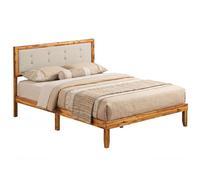 Costway Double Size Bed Frame Acacia Wood Platform Beds w/ Tufted Headboard in Beige COSTWAY Beige