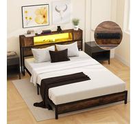 Costway Double Size Bed Frame Metal Platform Bed w/LED Lights&Charging Station in Brown COSTWAY Brown