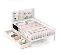 Costway Double Size Bed Frame Solid Wood Platform Bed w/2 Storage Drawers in White COSTWAY White Double