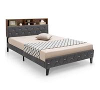 Costway Double Size Bed Frame Upholstered Platform Bed W/ Storage Headboard in Grey COSTWAY Grey