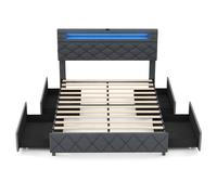 Costway Double Size Bed Frame w/ Led Lights & Charging Station-Grey in Grey COSTWAY Grey