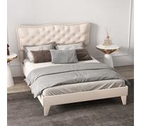 Costway Double Size Bed Frame Wooden Slats Platform W/ Upholstered Button Tufted Headboard