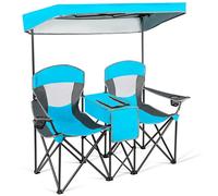 Costway Double Sunshade Folding Chairs 2-Person Camping Fishing Chairs-Blue