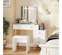 Costway Dressing Desk With Lighted Mirror Makeup Vanity Set With 5 Drawers-White