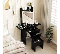 Costway Dressing Table & Stool Set Makeup Table w/LED Lights &Charging Station in Black COSTWAY Black
