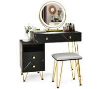 Costway Dressing Table Stool Set Vanity Table W/ Removable Led Lighted Mirror & 2 Drawers