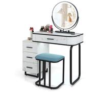 Costway Dressing Table Vanity Set Makeup Stool w/ Charging Station & 3Color Lighted Swivel Mirror & 3Drawer Chest in White COSTWAY White