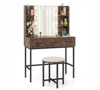 Costway Dressing Table With Mirror & Lights 90 Cm Small Vanity Set With Stool-Rustic Brown