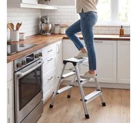 Costway Dual-Sided 3 Step Ladder Aluminum Folding Step Stool Household Ladder in Silver COSTWAY Silver