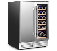 COSTWAY Dual Zone Wine Beverage Fridge, 18 Bottles & 57 Cans Double Door Bottle Cooler with Independent Temperature Control, 9 Removable Shelves& LED Lights, Auto Defrost Drinks Refrigerator