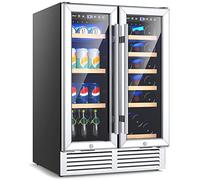 COSTWAY Dual Zone Wine Beverage Refrigerator, 120L Double Door Commercial Bottle Fridge with LED Lights, 2 Independent Control Zones, Removable Shelves & Safety Lock, Bar Beer Drink Fridge (Silver)