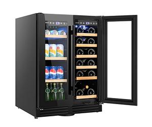 COSTWAY Dual Zone Wine Beverage Refrigerator, 120L Double Door Commercial Bottle Fridge with LED Lights, 2 Independent Control Zones, Removable Shelves & Safety Lock, Bar Beer Drink Fridge (Black)