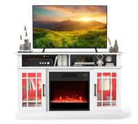 COSTWAY Electric Fireplace Insert TV Stand, Entertainment Center Console Table with Adjustable Flame, Overheat Protection Fire Heater & Remote (White, with RGB LED Lights, 18” Fireplace, for 55” TV)