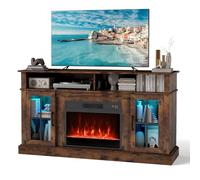 COSTWAY Electric Fireplace Insert TV Stand, Entertainment Center Console Table with Adjustable Flame, Overheat Protection Fire Heater & Remote (Brown, with RGB LED Lights, 23” Fireplace, for 65” TV)