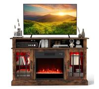 COSTWAY Electric Fireplace Insert TV Stand, Entertainment Center Console Table with Adjustable Flame, Overheat Protection Fire Heater & Remote (Brown, with RGB LED Lights, 18” Fireplace, for 55” TV)