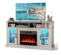 COSTWAY Electric Fireplace Insert TV Stand, Entertainment Center Console Table with Adjustable Flame, Overheat Protection Fire Heater & Remote (Grey, with RGB LED Lights, 23” Fireplace, for 65” TV)