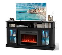 COSTWAY Electric Fireplace Insert TV Stand, Entertainment Center Console Table with Adjustable Flame, Overheat Protection Fire Heater & Remote (Black, with RGB LED Lights, 23” Fireplace, for 65” TV)