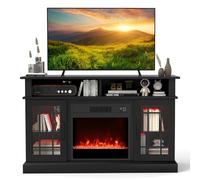 COSTWAY Electric Fireplace Insert TV Stand, Entertainment Center Console Table with Adjustable Flame, Overheat Protection Fire Heater & Remote (Black, with RGB LED Lights, 18” Fireplace, for 55” TV)