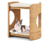 COSTWAY Elevated Cat Bed for Indoor Cats, 2-Tier Small Cat Tree Tower with Natural Bamboo Frame, Removable & Washable Soft Plush Mats, 40 x 33 x 41 cm