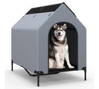 COSTWAY Elevated Dog House, Raised Dogs Bed with Weatherproof Canopy, 2 Top Windows, Breathable Mesh Fabric Mat, Dog Tent Shelter for Indoor Outdoor (Grey, Large)