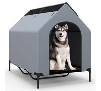 COSTWAY Elevated Dog House, Raised Dogs Bed with Weatherproof Canopy, 2 Top Windows, Breathable Mesh Fabric Mat, Dog Tent Shelter for Indoor Outdoor (Grey, X-Large)