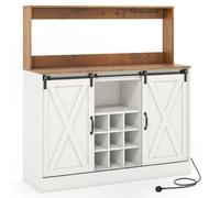 Costway Farmhouse Coffee Bar Cabinet Charging Station 120Cm Wine Cabinet Sliding Barn Doors Hutch Removable Wine Rack White&brown