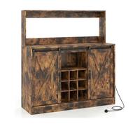 Costway Farmhouse Coffee Bar Cabinet Charging Station 120Cm Wine Cabinet Sliding Barn Doors Hutch Removable Wine Rack Brown