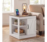 Costway Farmhouse End Side Table With Charging Station Bedside Table With Cabinet-Rustic Oak