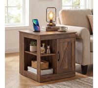 Costway Farmhouse End Side Table With Charging Station Bedside Table With Cabinet-Rustic Oak