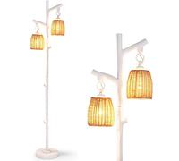 COSTWAY Farmhouse Floor Lamp, 2 Light Dimmable Rattan Standing Lamps with Foot Switch, Wood Grain Tube & Thick Base, Tall Tree Trunk Floor Lighting for Office Bedroom Living Room, Bulbs Not Included