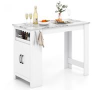 Costway Faux Marble Bar Table Pub Table w/Hooks & Cabinet Kitchen Dining Table in White COSTWAY White