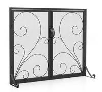 COSTWAY Fire Guard with Double Doors, Wrought Iron Mesh Fireplace Screen with Floral Decoration, Stable Support Rear & Front Brackets, Spark Flame Barrier Safety Fence for Log Burner
