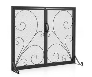 COSTWAY Fire Guard with Double Doors, Wrought Iron Mesh Fireplace Screen with Floral Decoration, Stable Support Rear & Front Brackets, Spark Flame Barrier Safety Fence for Log Burner