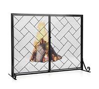 COSTWAY Fire Guard with Double Magnetic Doors, 113x40x85cm Wrought Iron Mesh Fireplace Screen, 2-Panel Spark Flame Barrier Safety Fence for Open Fire, Log Burner (Black)