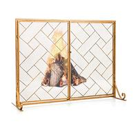 COSTWAY Fire Guard with Double Magnetic Doors, 113x40x85cm Wrought Iron Mesh Fireplace Screen, 2-Panel Spark Flame Barrier Safety Fence for Open Fire, Log Burner (Gold)