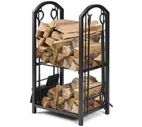 COSTWAY Firewood Log Rack with 4 Pcs Fireplace Tools, Wrought Iron Storage Logs Holder with Poker, Tong, Brush and Shovel, Indoor Outdoor Wood Storage Stacking Stand (Black)