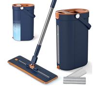 COSTWAY Flat Mop and Bucket Set, 3 Chamber Floor Cleaning System with 2/8 Washable Microfiber Pads, 360° Rotating Mop Head, Built in Bucket Wringer & Scraper for Wood Tile Floors (Navy, 2 Pads)