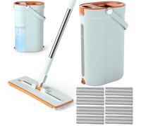 COSTWAY Flat Mop and Bucket Set, 3 Chamber Floor Cleaning System with 2/8 Washable Microfiber Pads, 360° Rotating Mop Head, Built in Bucket Wringer & Scraper for Wood Tile Floors (Green, 8 Pads)