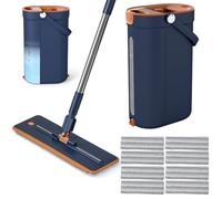 COSTWAY Flat Mop and Bucket Set, 3 Chamber Floor Cleaning System with 2/8 Washable Microfiber Pads, 360° Rotating Mop Head, Built in Bucket Wringer & Scraper for Wood Tile Floors (Navy, 8 Pads)