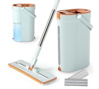 COSTWAY Flat Mop and Bucket Set, 3 Chamber Floor Cleaning System with 2/8 Washable Microfiber Pads, 360° Rotating Mop Head, Built in Bucket Wringer & Scraper for Wood Tile Floors (Green, 2 Pads)